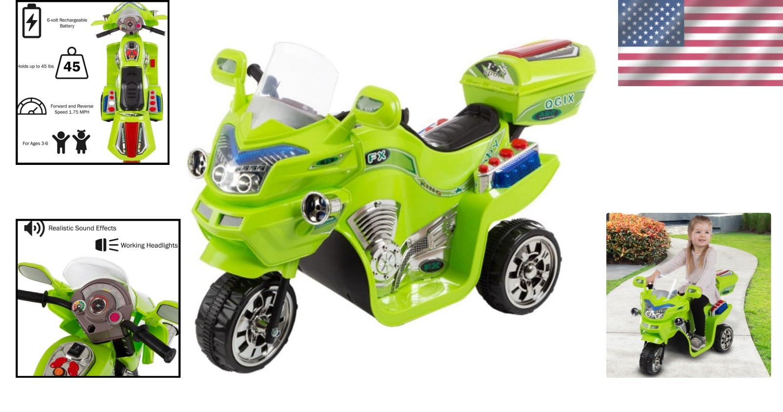 Battery Powered Kids 3-Wheel Motorcycle - Side View