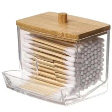 Cotton Swab Storage Box, Square Transparent Case with Bamboo Cover
