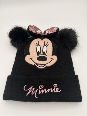 Disney H&M Minnie Mouse Black Knit Hat Pink Sequin Bow Pom Ears Size 3-4years