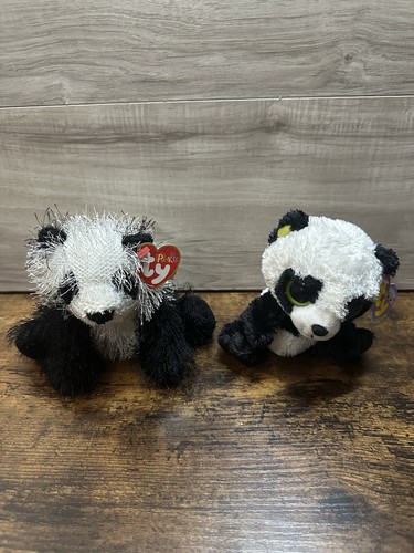 Ty Punkies Dominos the Black & White Panda Bear & TY beanie Boos Bamboo Plush