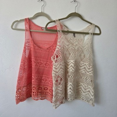 Bundle Of Two Lace Crochet Tank Tops Sheer Festival Layering Cottagecore Medium