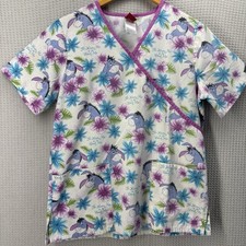 Disney Eeyore Women Scrub Top Small- Hawaiian Floral  To Know Me Is To Love Me  