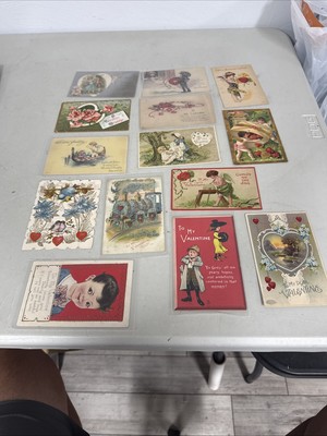HUGE LOT 14pc vtg antique Valentines Day Cards Some Early 1900 s With Stamps