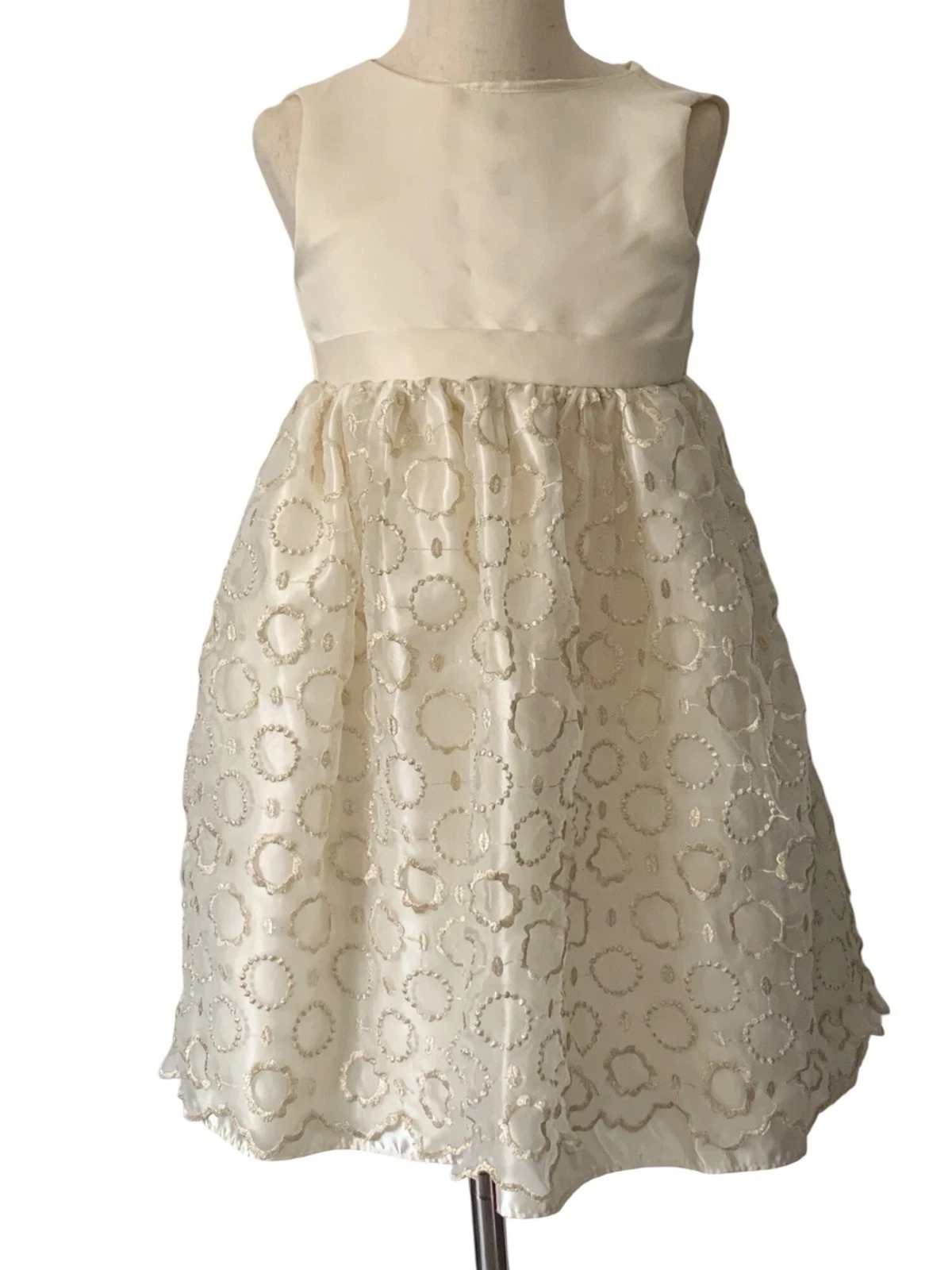 American Princess Girls Ivory Dress Gold Embroidery Sz 5 Formal Sleeveless Poly