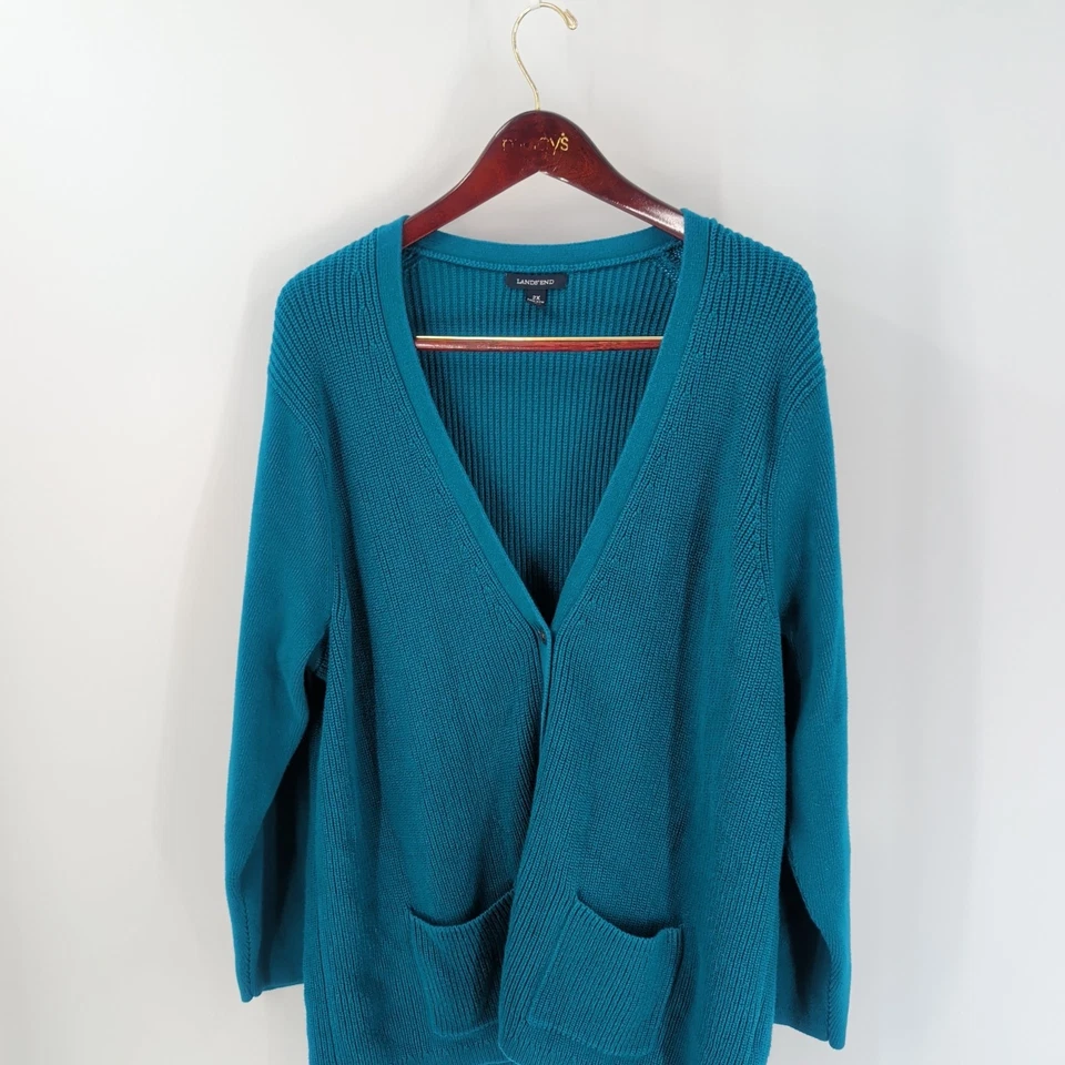 Cárdigan suéter verde azulado Lands' End tejido ajustado con botones bolsillos delanteros talla 2X Foto 2 de 4
