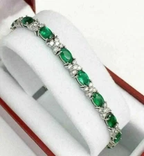 5Ct Oval Cut Lab Created Green Emerald Tennis Bracelet 7" 14K White Gold Plated
