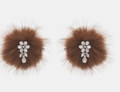 Simone Rocha Crystal Flower Pom Pom Earring Fur NWT