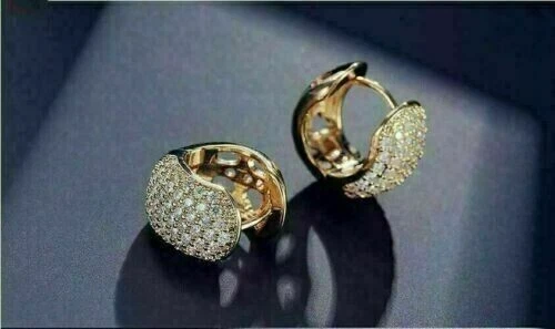 14K Yellow Gold Plated 2Ct Round Cut Lab Created Diamond hoop Huggie Earrings - Image 2 of 4