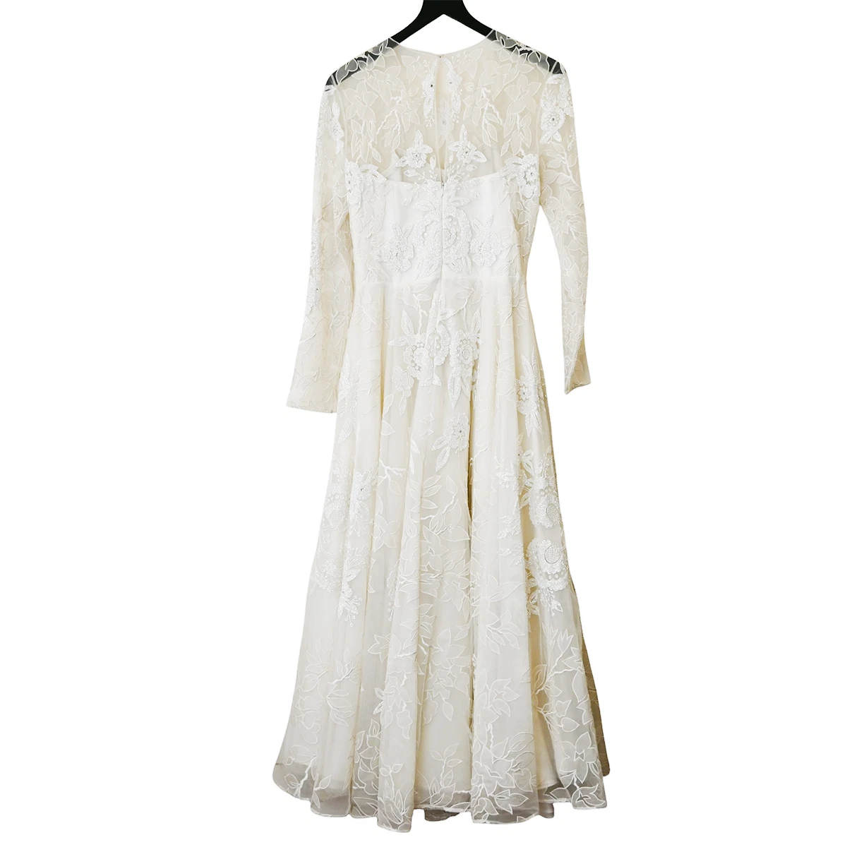 OFF WHITE Abito da sposa Naeem Kahn taglia 12 bianco sporco perline ricamate manica lunga seta