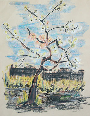 Vintage Oil Pastel Drawing - Blossoms (After Van Gogh) - Unframed - 20th Century