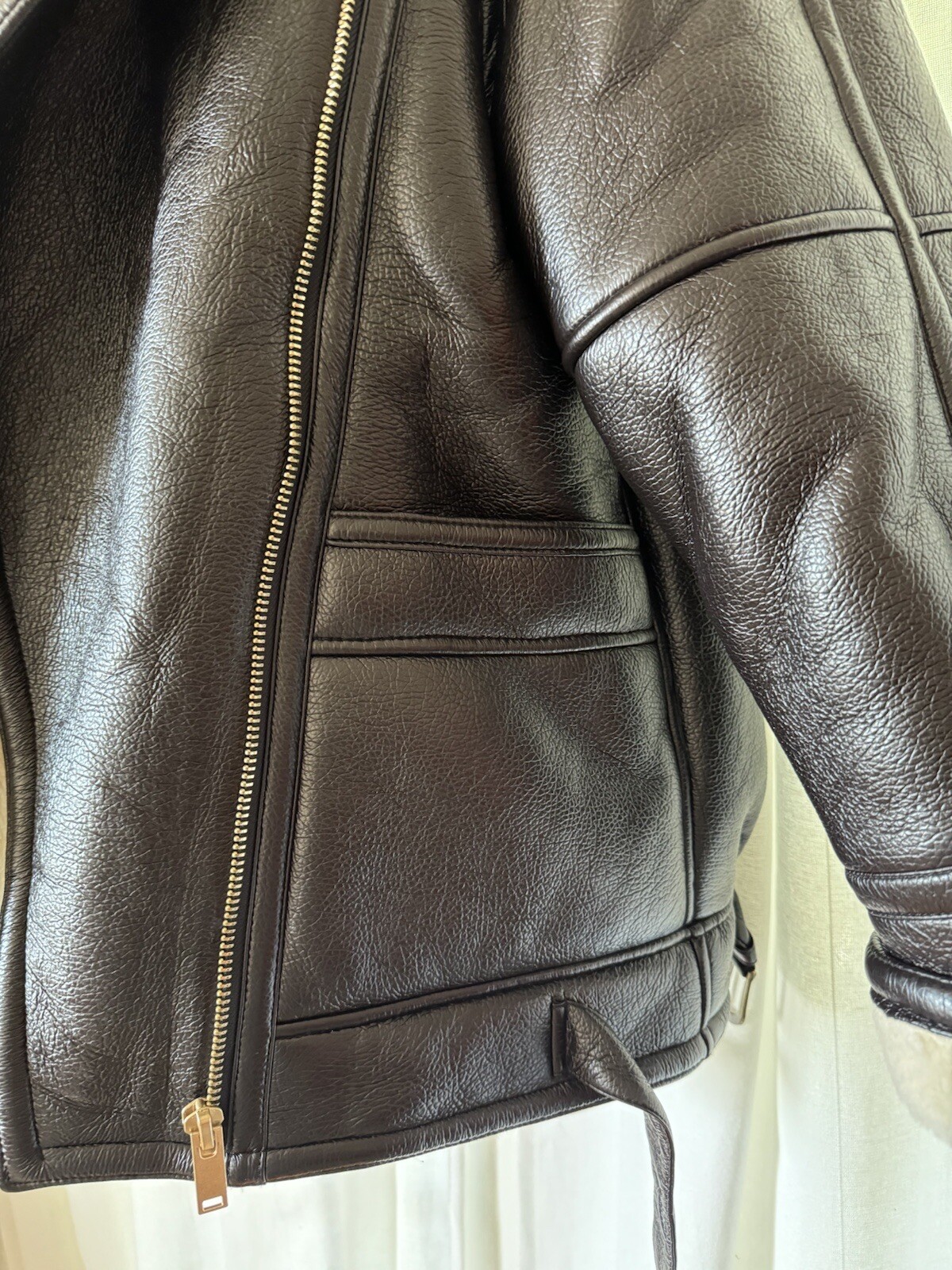 Black Brown Leather and Shearling Biker Coat Size US Small image 7