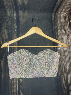 Bebe Gorgeous Rhinestone Beading Bustier  Diamond Push Up Bralette Cropped Top