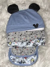 BRAND NEW Disney Mickey Mouse baby boy 6 Piece set blue gray hats and bibs
