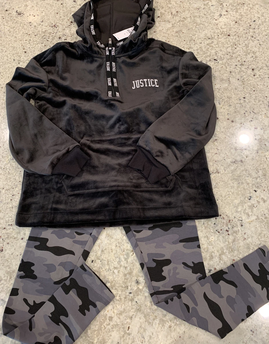 Nwt Justice Girls Velour Hoodie Sweatshirt Black& Camo Leggings