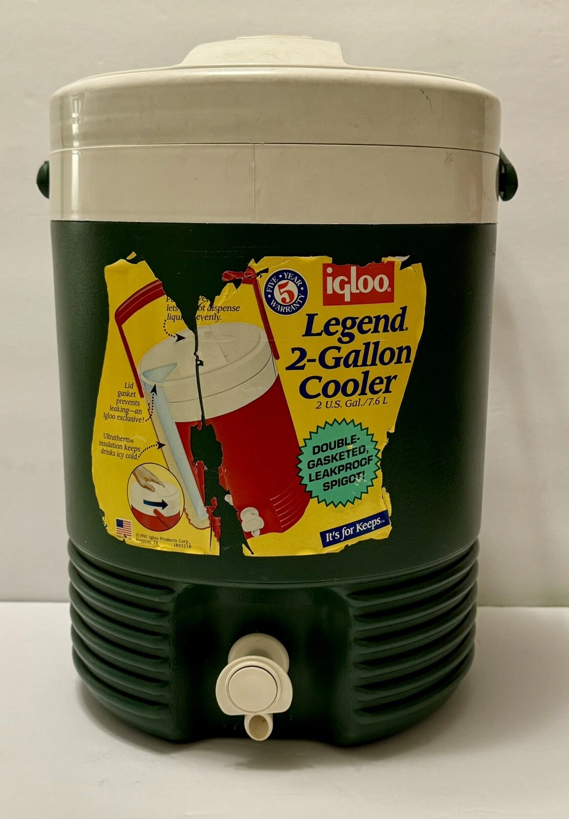 Igloo Legend 2 Gallon Beverage Cooler Green w/White Lid & Spigot USA Vtg 1997