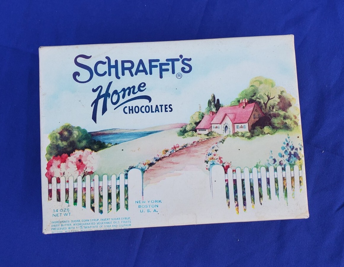 Vintage Schraffts Home Chocolates Box Colorized Candy Container