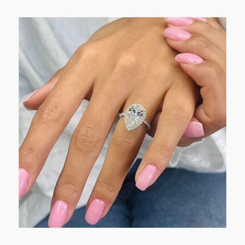 Привлекательный вид 3,86 карат грушевидной огранки выращенный в лаборатории бриллиант/CVD Halo кольцо 14k белое золото - Изображение 4 из 4