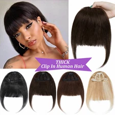 Remy Human Hair False THICK Bangs Neat Fringe Hairpiece Clip in Front Hairpiece