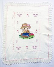 Girls Baby Blanket Precious Moments Crochet White Pink Trim Handmade 44"x37"