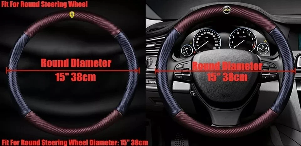 38cm 15" Steering Wheel Cover Faux Leather For Mitsubishi Carbon Fiber + Black - Image 3 of 4