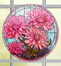 Chrysanthemums Faux Stained-Glass WINDOW CLING Size 8" Round Vinyl