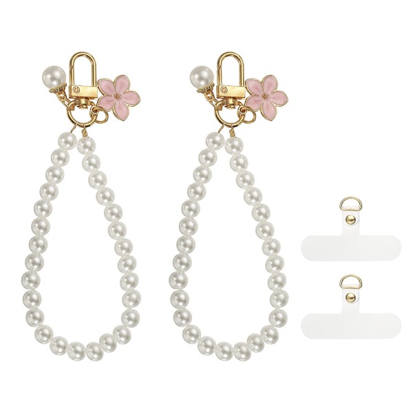 2Pcs Perlen Handy Charm (13Cm, Rosa Blume) - FüR Pearl Handy Lanyard Band-image