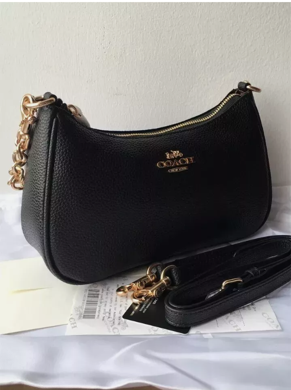COACH CA209 TERI Shoulder Bag Hand Bag Black Refined Pebble Leather Outlet New