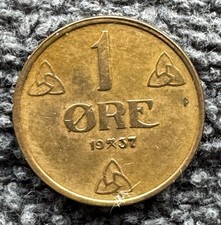 1937 1 Ore, Norway, Haakon VII (Bronze, 2.0 g, 16 mm), EF