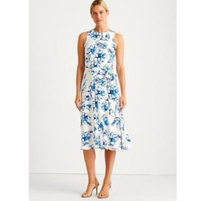 Lauren Ralph Lauren NWT White Blue Floral Belted Midi Dress Sz 12P