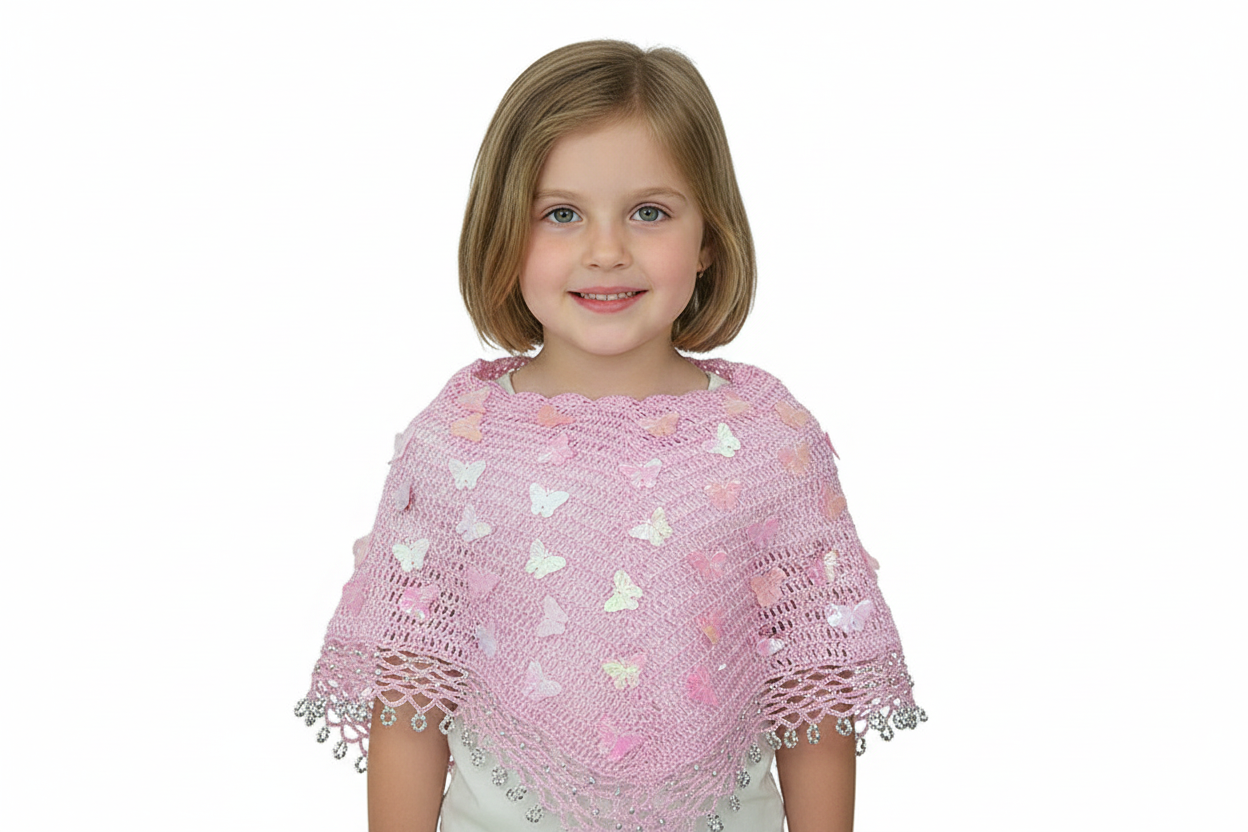 Pink Girls Crochet Poncho with Butterfly Beads – Kids Party Shrug, Summer 5yrs