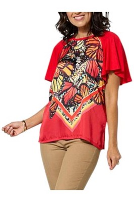 DG2 Women's Mixed Media Scarf Printed Flutter Slv Top Red Butterfly
