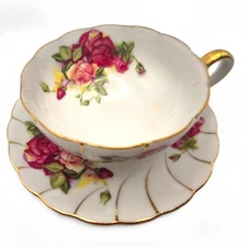 Vintage Cherry China Japan Footed Teacup & Saucer Set Roses Gold Trim