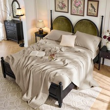 100 French Linen Queen Sheets Set, Natural Flax Cooling Bedding