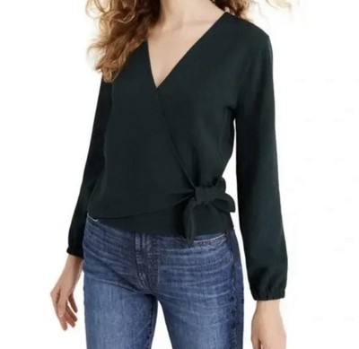 Madewell Texture & Thread Green Wrap Long Sleeve, V-Neck Top Size S