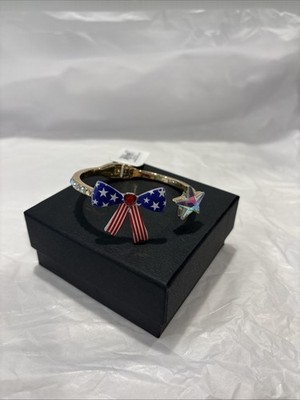 Betsey Johnson Gold Tone Americana Bow & Star Hinge Bangle Crystal Accents NWT