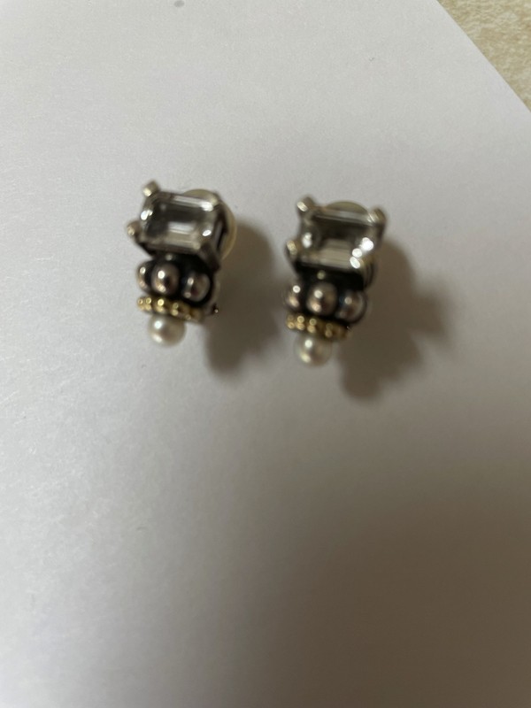 Lagos Caviar sterling 18k clear crystal and pearl lever back earings