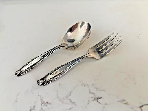 VINTAGE WALLACE STERLING 1937 BABY FORK & SPOON, STRADIVARI PATTERN 4.5" - 41g