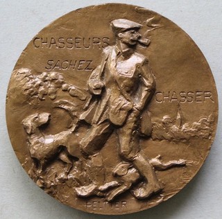 Chasseurs Sachez Chasser Medaille Bronze Relief Pierre Peltier Jäger Jagd 1973