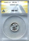 1939-D MERCURY DIME - ANACS MS 64 - FREE SHIPPING!
