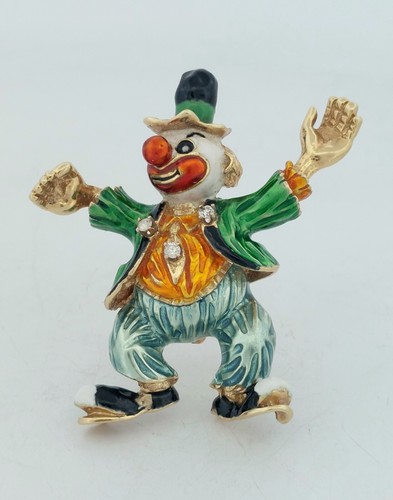 Vintage 14k Solid Yellow Gold Three Diamond Enameled Clown Brooch Signed 45x43mm - Picture 2 of 11