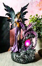 Purple Fairy With Dragon Sitting On LED Crystal Geode Night Light Statue Decor