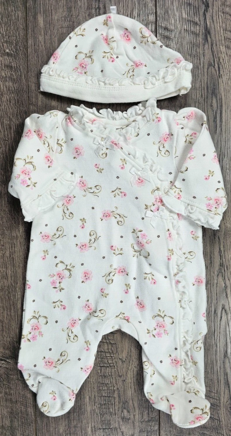 Baby Girl Clothes Nwot Little Me Preemie Pink Rose 2pc Footed Outfit & Hat
