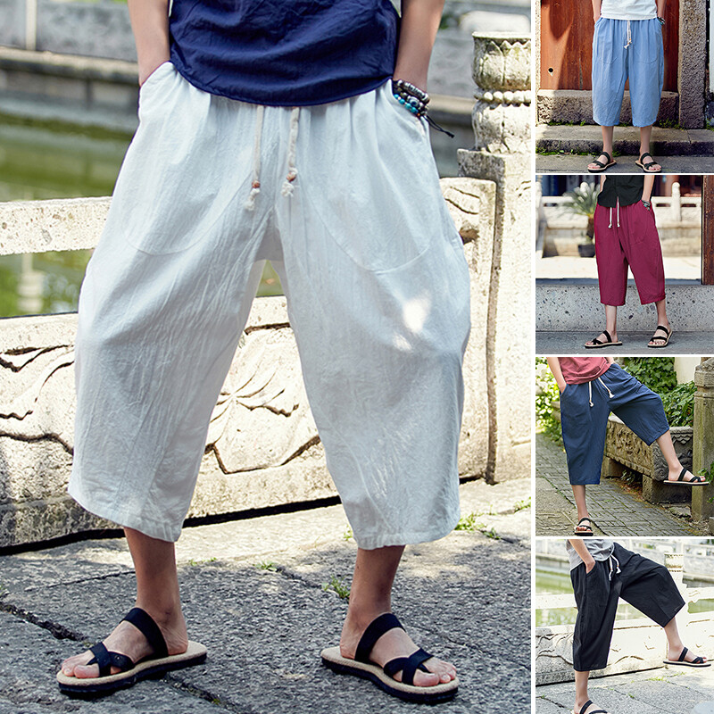 Men's Soft Linen Cotton Harem Pants Loose Cropped Drawstring Trousers Sizes M-4XL
