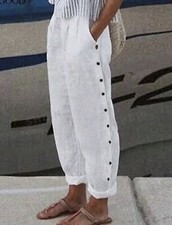 Women's High Waist White Size 8/10 Side Button Decorated Pockets Pants Trousers