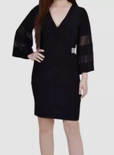 NY Collection Womens Black Sheer-Sleeve Wrap Dress Petite Sz PS