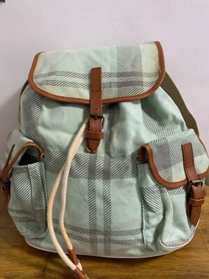 Barbour ladies green grey check canvas leather backpack large VGC UK