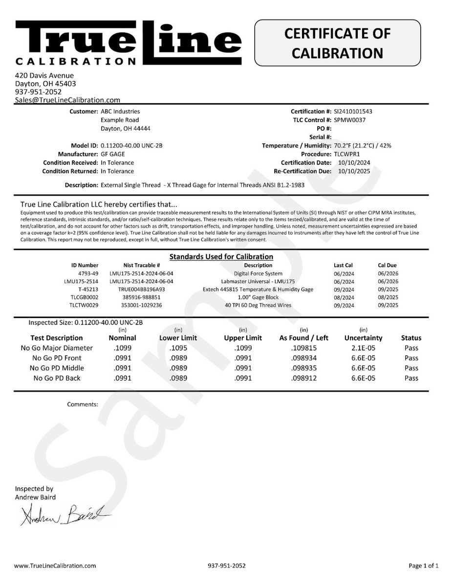 Long Form Calibration Certs For Thread Gage (Purchased w/ M J