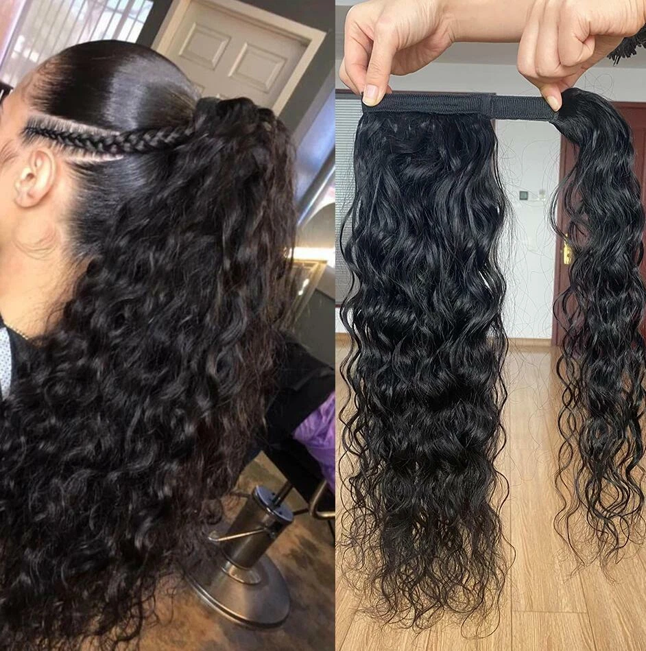 100%  Human Hair Extension Ponytail Hair Wrap Curly Wave One Piece Hairpiece  - Image 3 of 4