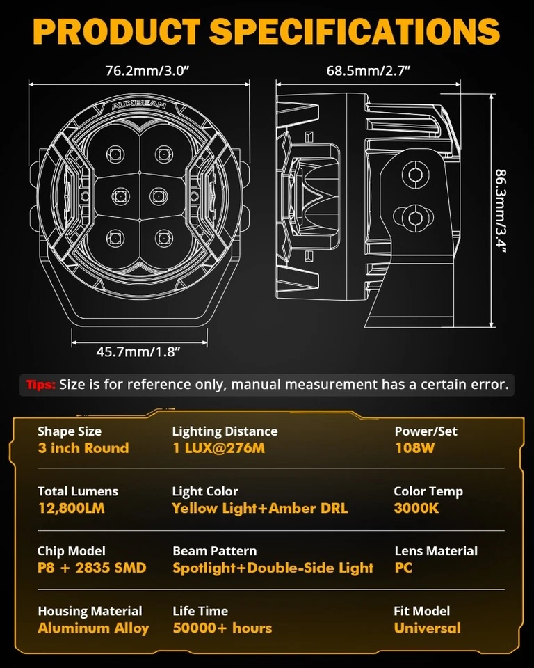 Auxbeam 3" Round Driving Lights 108W Side Shooter Offroad Pod Lights w DRL+Cover - Image 2 of 4