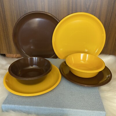 Vintage Melamine Rubbermaid Set Of Dishes Brown Yellow